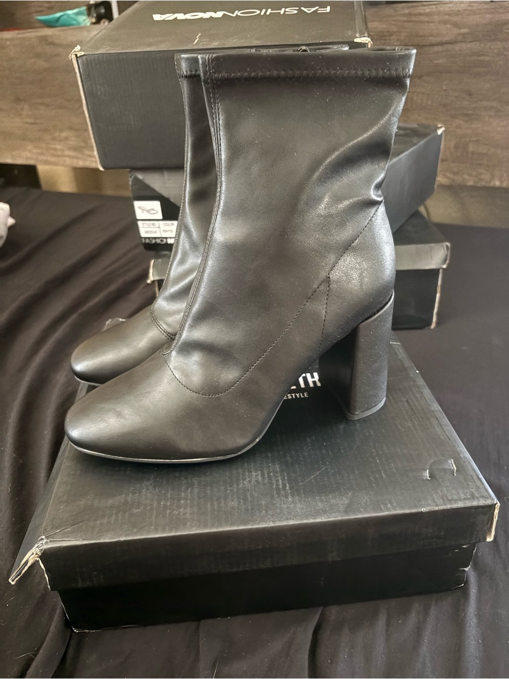 PrettyLittleThing Black Stretch Sock Ankle Boots with Block Heel